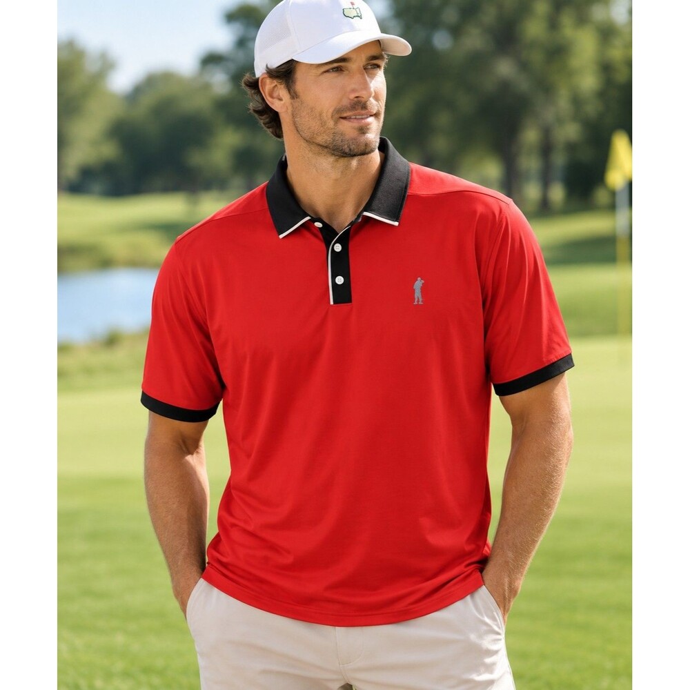 NWT U Suck At Golf USAG Here For Beer Polo  XL Red Black Drinking Golf Shirt